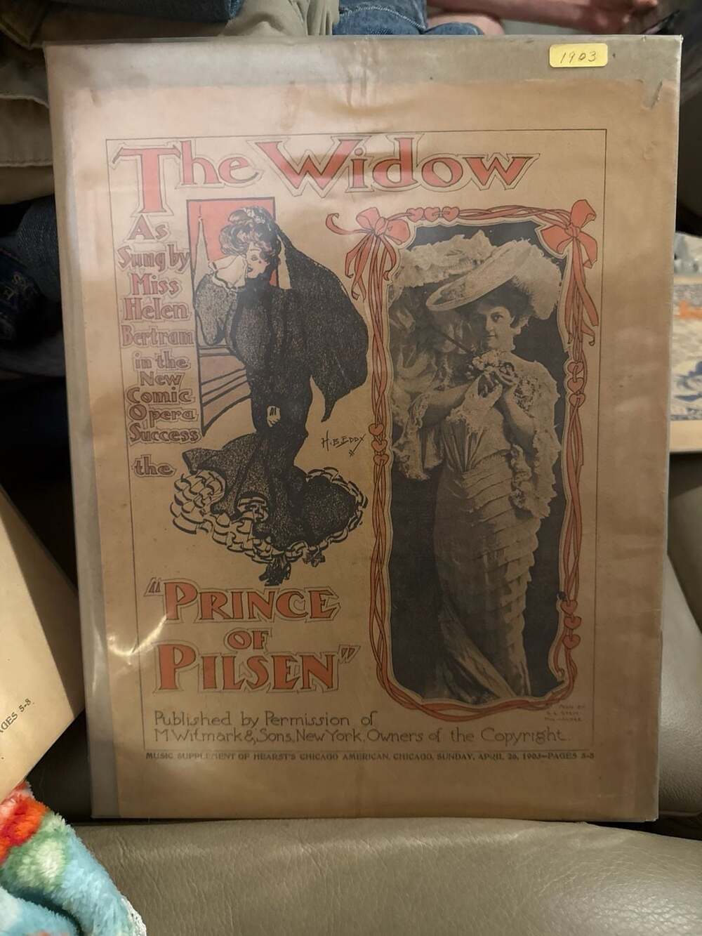 1903 The Widow Sheet Music The Prince of Pilsen Miss Helen Bertram Antique Comic
